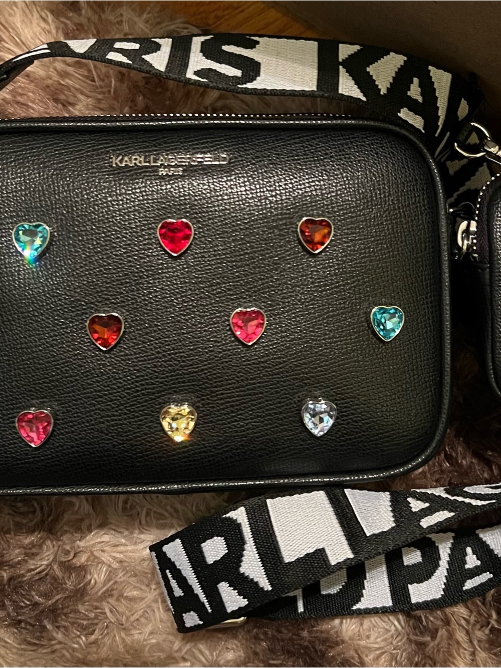 Karl Lagerfeld Black Crossbody Bag with Multicolor Heart Gems